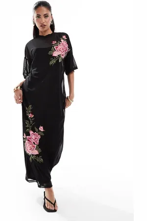 ASOS Oversized T-shirt-kjole i midaxilængde i mesh med rosenbroderi