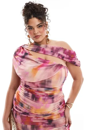 ASOS ASOS DESIGN Curve - Rynket bardot-midikjole med sløret pink print i mesh-Multifarvet