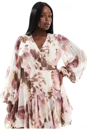 ASOS ASOS DESIGN Curve - Pink slå-om-minikjole med ballonærmer og bindebånd i taljen med blomstermønster-Lyserød