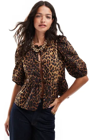Noisy May Top med bindefront og leopardprint-Brun