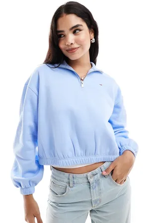 Tommy Hilfiger Babyblå sweatshirt med firkantet pasform og lynlås i halsen
