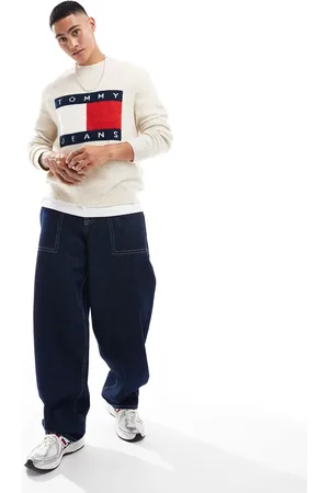 Tommy Hilfiger Strikket trøje med stort flaglogo i meleret råhvid