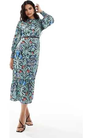 HOPE & IVY X The William Morris Society - Midikjole med sløjfe på ryggen og mørkt blomstermønster-Multifarvet