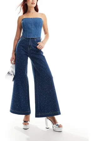 Amy Lynn Udsmykkede jeans med vidde i mørk vask-Blå