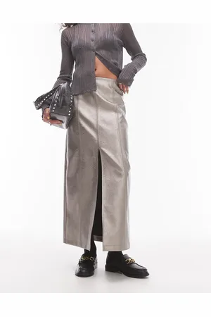 Topshop Gunmetal-grå midinederdel med slids i imiteret læder-Sort