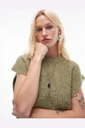 Topshop Grøn og afslappet offshoulder-top i ribstrikket bouclé med rund hals