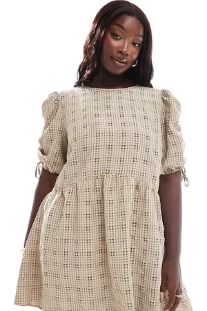 ASOS ASOS DESIGN Curve - Neutral smock-minikjole med rynkede ærmer og tern-Multifarvet
