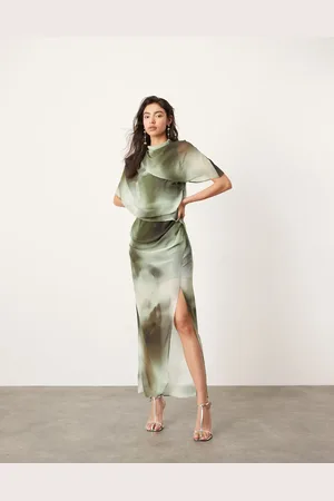 ASOS Grøn midikjole med draperet hals og skyggeprint-Multifarvet