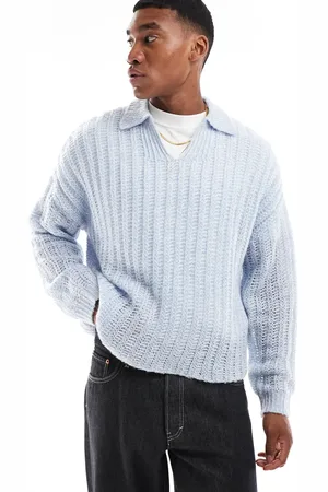 ASOS Oversized, trøje med hak i kraven i åben, børstet ribstrik-Marineblå