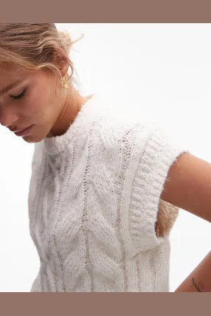 Topshop Elfenbensfarvet top i kabelstrik med rund hals-Neutral