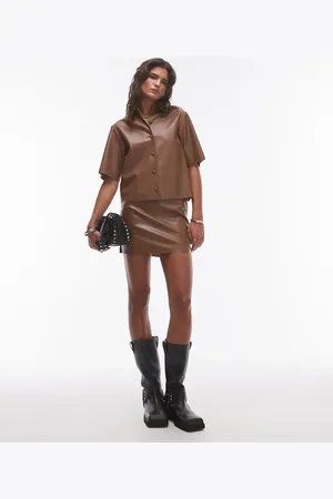Topshop Chokoladebrun mininederdel i imiteret læder