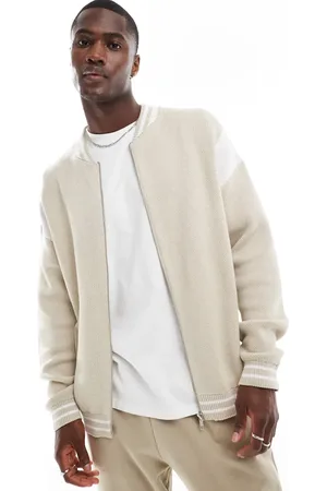 ASOS Afslappet og strikket bomber-jakke med farveblok-design-Neutral