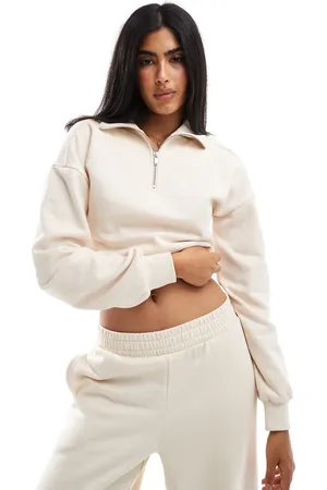 Miss Selfridge Ecrufarvet cropped sweatshirt med halv lynlås - Del af sæt-Hvid