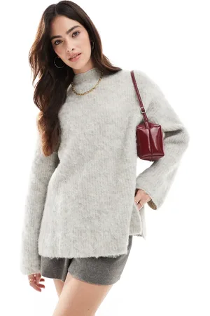 Pieces® Premium - Lysegråmeleret longline-trøje med brede manchetter i vamset strik