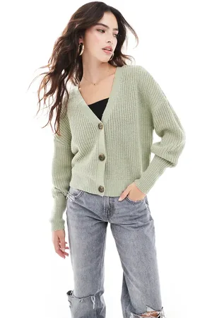 VERO MODA Salviegrøn cardigan med gennemgående knapper i chunky ribstrik
