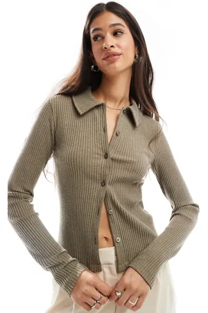 ASOS Gråbrunmeleret og cropped cardigan med krave i superblød ribstrik