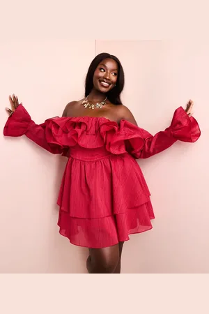 ASOS Curve - offshoulder-minikjole, flæser, bøjlekant og korsetdetalje i taljen-Rød
