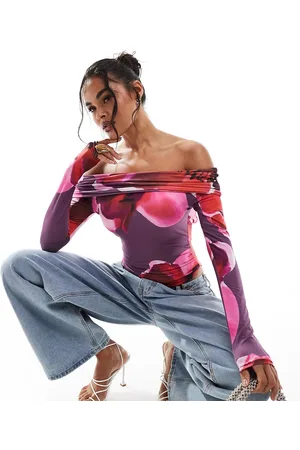 Kaiia Stram langærmet bodystocking med bardotsnit og åben ryg i print - Kun hos ASOS-Multifarvet
