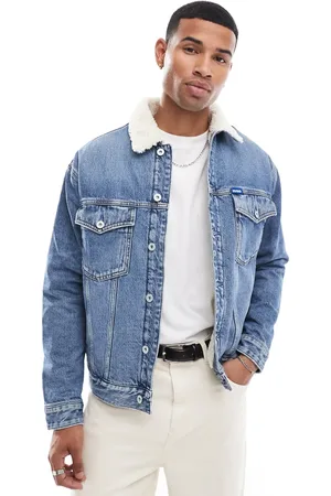 Hugo Blue Dex - trucker-jakke med sherpa-krave i mellemvasket denim