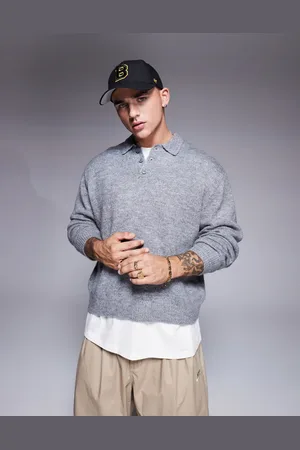 ASOS Grå oversized poloskjorte i strik i firkantet pasform