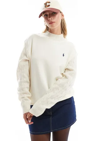Ralph Lauren Cremehvid sweatshirt med logoikon og kabelstrikkede ærmer
