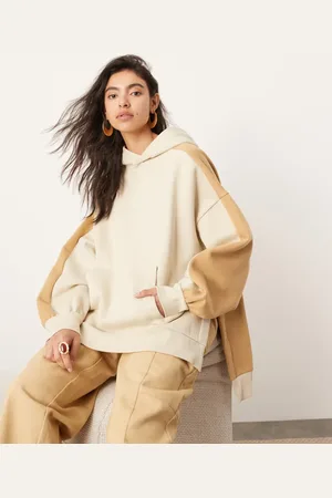 ASOS Oversized og kamelbrun/beige hættetrøje med farveblokke og slids i kanten-Multifarvet