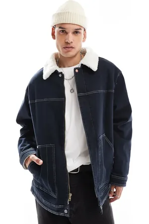 Wrangler Casey Jones - Workwear - Arbejdsjakke i denim i mørk vask med sherpa-for i imiteret lammeskind-Marineblå
