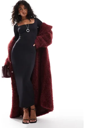 Bershka Midaxi-kjole med lange ærmer, bodycon-snit og firkantet hals