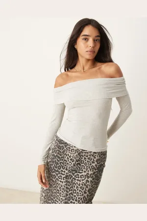Abercrombie & Fitch Langærmet og grå offshoulder-top med foldet kant