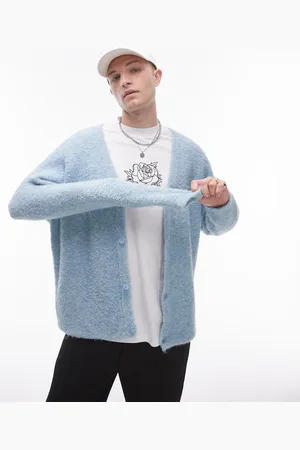 Topman Cardigan i blåmeleret bouclé afslappet pasform