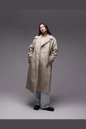 Topshop Cremefarvet aviator-jakke i longline i imiteret læder og rulam-Brun