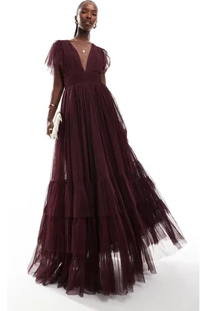 Lace & Beads Brudepiger - Madison - Blommefarvet maxikjole i tyl med V-hals-Lilla