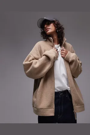 Topshop Kamelbrun fleece med ståkrave og gennemgående lynlås i imiteret lammeskind-Neutral