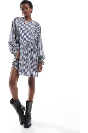 Daisy Street Smock-minikjole med blå vintage-tern