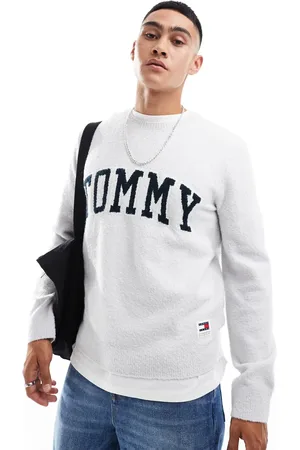 Tommy Hilfiger Strikket trøje med college-logo i lysegrå bouclé