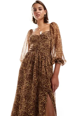 Miss Selfridge Maxikjole med korsetdetalje med snører og dyreprint i chiffon-Brun