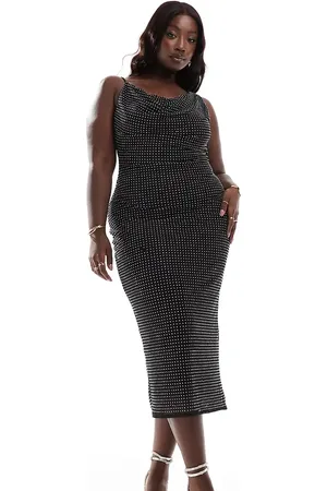 ASOS ASOS DESIGN Curve - pencil-midikjole med vandfaldsudskæring og hotfixdetaljer