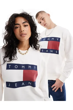 Tommy Hilfiger Unisex - Råhvid sweatshirt med stort flag