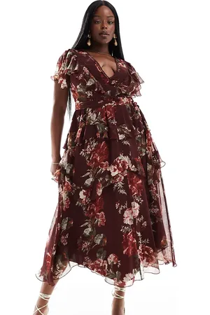 ASOS ASOS DESIGN Curve - Bordeaux midikjole med blondeindsats og åben ryg samt blomstermønster-Multifarvet