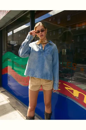 Topshop Pull-on-skjorte i afbleget denim-Blå