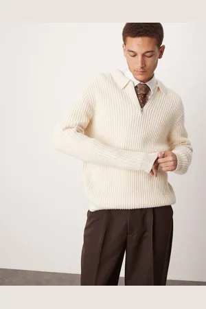 ASOS Oversized, kraftig og beige trøje i uldblandet ribstrik med kvart lynlås og krave-Hvid