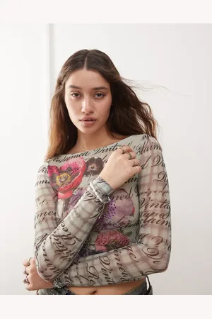 Reclaimed Langærmet mesh-top med bred halsudskæring og blomster- og tekstprint