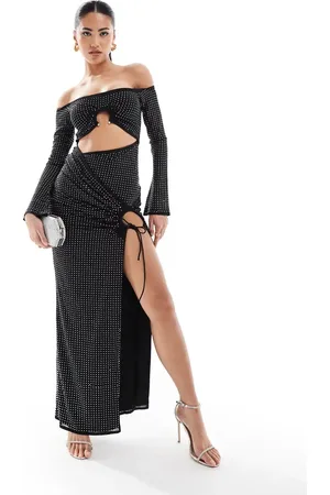 ASOS Langærmet bardot-maxikjole med hotfix-rhinsten og detaljer