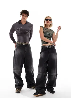 COLLUSION Unisex - Forvaskede sorte 2-i-1-jeansshorts
