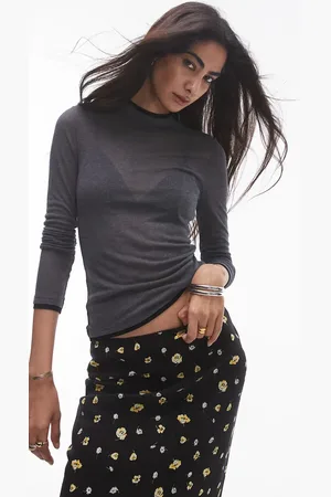 Topshop Premium - Mørkegråmeleret gennemsigtig basis-T-shirt med ståkrave, lange ærmer og kontrasterende detaljer
