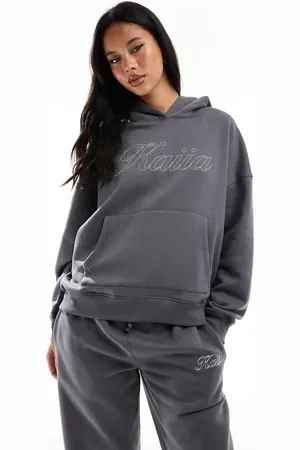 Kaiia Oversized hættetrøje med broderet logo i koksgrå - Del af sæt