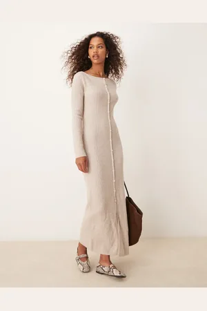Abercrombie & Fitch Lysbeige strikket maxikjole med lange ærmer og knapper-Neutral