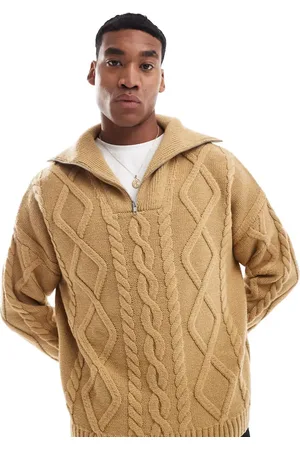 ASOS Ecrufarvet oversized trøje med kvart lynlås i kraftig uldblanding i kabelstrik-Neutral