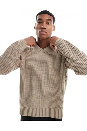 ASOS Gråbrun oversized trøje med krave i kraftig uldblanding i kabelstrik i firkantet pasform-Neutral