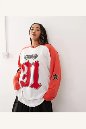 COLLUSION Plus - Rød og hvid oversized t-shirt med lange ærmer og 
